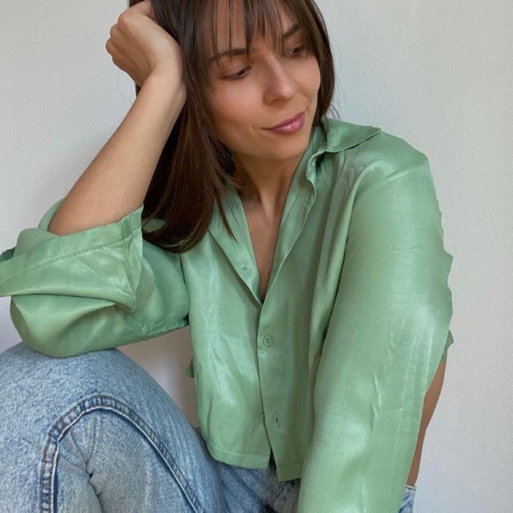Green satin blouse